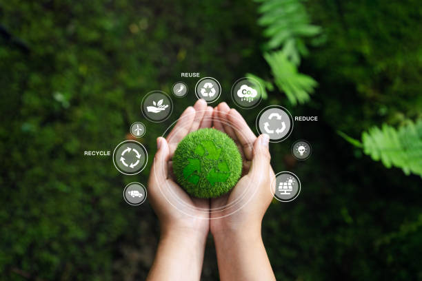 istock recycle zero waste concept Net zero carbon. Climate neutral long-term strategy. sustainable business development reuse, reduction, recycling symbol, conscious consumption Waste management. Icon on green globe 1614050512