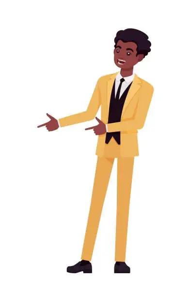 Vector illustration of African american yellow suit man, cool standup comedian, performing pose