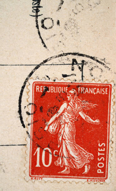 Close-up of a vintage French postage stamp “La Semeuse” in 40 centimes denomination, issued around 1903–1906. Shows the iconic sower design, engraved printing, and aged paper texture. Suitable for philately, stamp collectors, postal history, and vintage European design themes.