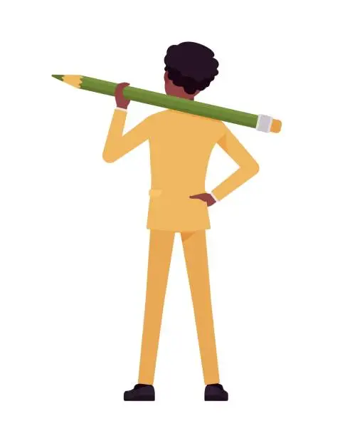 Vector illustration of African american yellow suit man, comedian with giant pencil rear