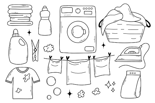 Set of laundry items in doodle style. Linear collection of laundry items. Vector illustration. Isolated elements on a white background.