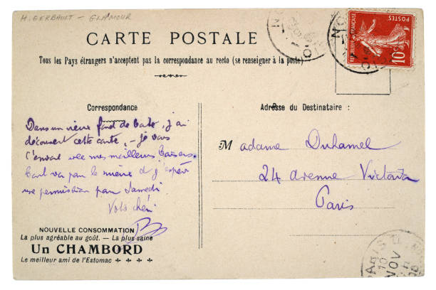 Vintage postcard back, handwriting, French, Stamp 1900s stock photo