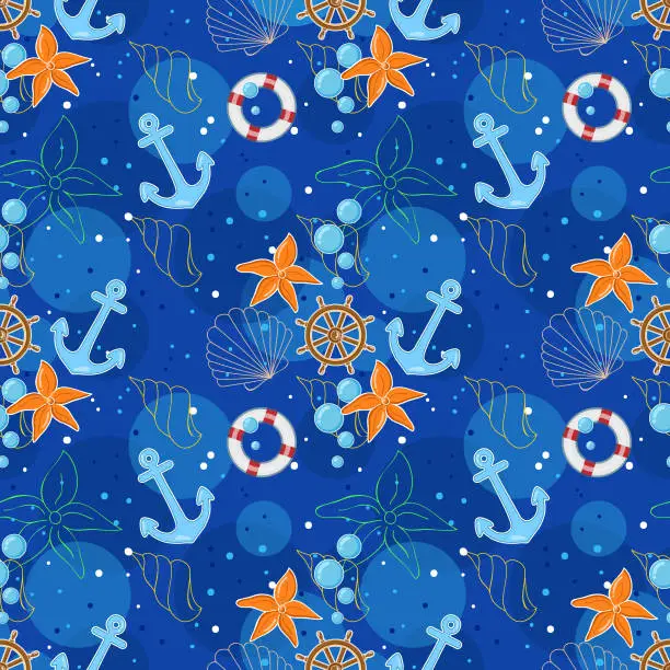 Vector illustration of Seamless pattern with sea elements: anchors, wheels, lifebuoy and seashells