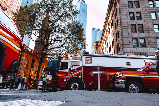 New York, United States of America - September 20, 2019: A fire truck parked in the streets of Manhattan.