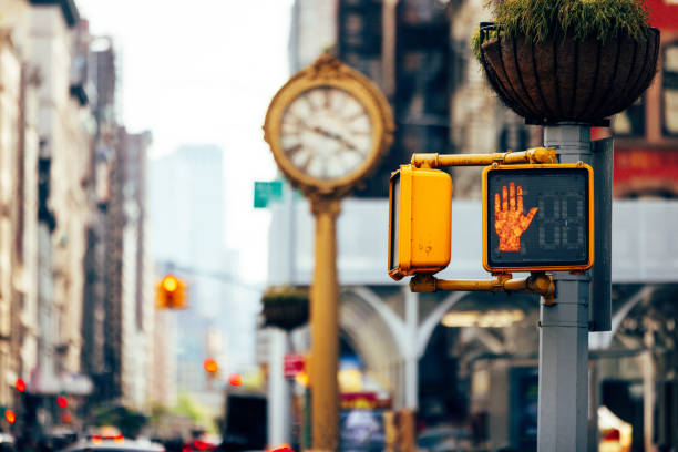 Road Intersection and pedestrian crossing sign in New York lower Manhattan