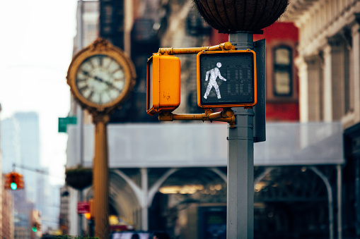 Road Intersection and pedestrian crossing sign in New York lower Manhattan