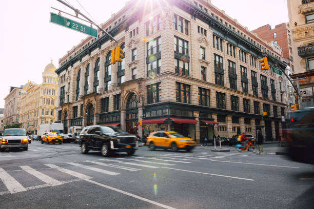 Road intersection with traffic in Chelsea, New York.