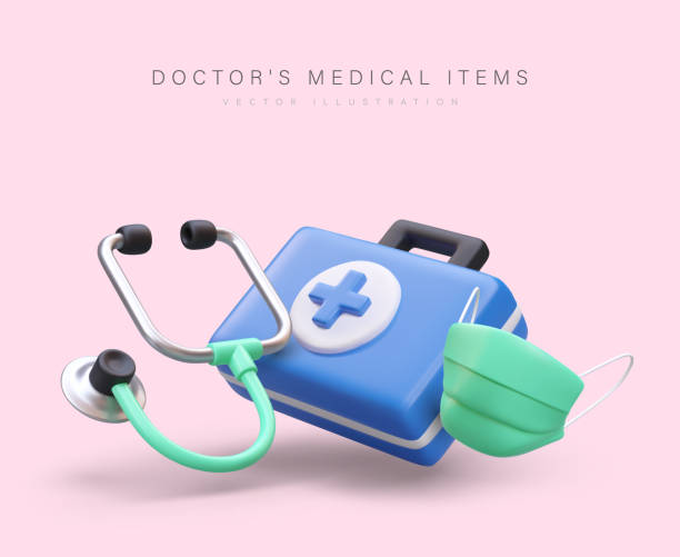 3d realistic doctor medical items. Web poster with kit for medical worker 3d realistic doctor medical items. Web poster with kit for medical worker. First aid kit, protection for doctor. Medical help concept. Vector illustration with place for text paramedic stock illustrations
