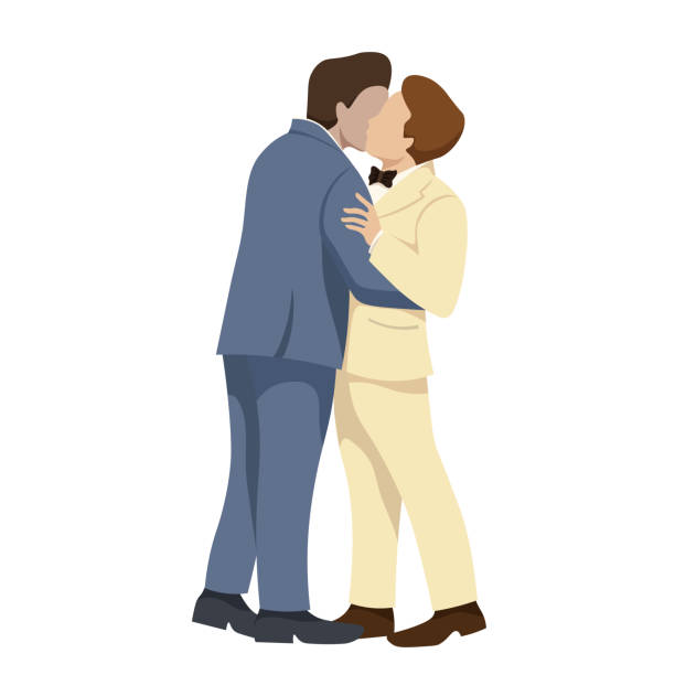 A gay couple in wedding day for LGBTQ+ concept. Vector illustration flat charactor design A gay couple in wedding day for LGBTQ+ concept. Vector illustration flat charactor design on white background gay wedding kiss stock illustrations