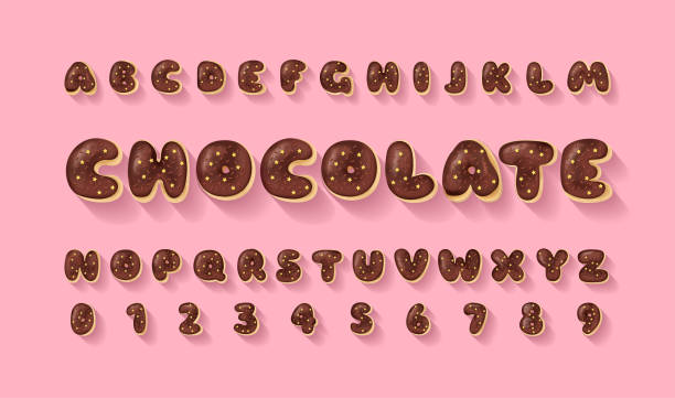 istock Vector alphabet of chocolate donuts. Bakery sweet tasty font. Chocolate brown letters and numbers with stars on the pink background. 1614092682