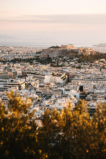 Aerial view of Athens at sunset from Lycabettus Hill through trees. Visiting Greece during the summer