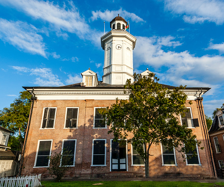 Doylestown, USA - April 24, 2021. Historic building of Bucks County Trust Company in downtown Doylestown, Bucks County, Pennsylvania, USA.