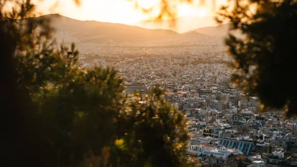 View of Athens at sunset from Lycabettus Hill through trees. Visiting Greece during the summer