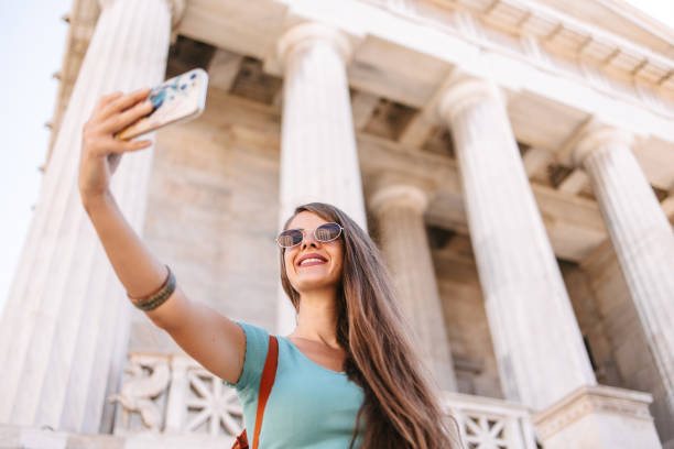 Tourist taking a selfie stock photo