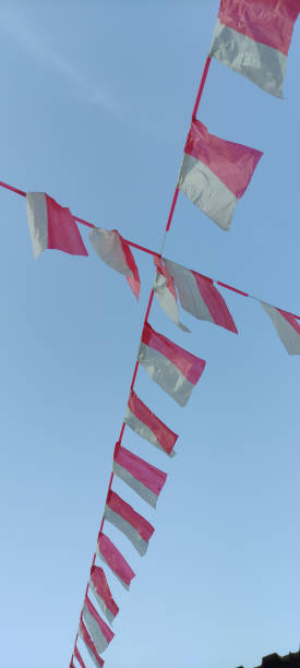 istock Indonesian flag mounted on crossed ropes against a bright blue sky as a background 1614108619
