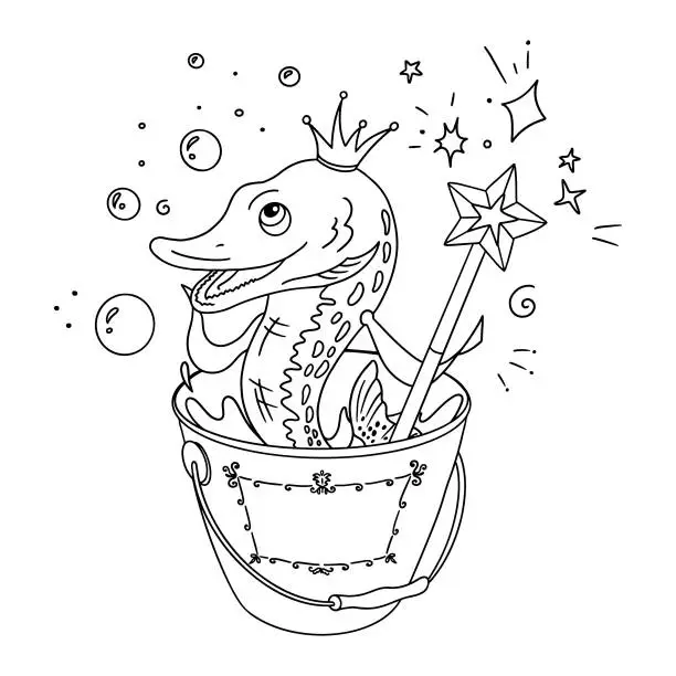 Vector illustration of A magical fairy-tale pike in a bucket. Wish fulfillment concept.