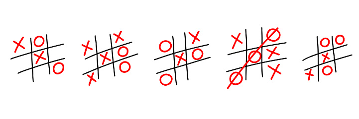 Tic tac toe. Hand drawn sketch tic tac toe kids game. X-O children game set. Win in tictactoe. Vector doodle illustration on white background.