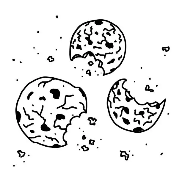 Vector illustration of Doodle cartoon chocolate bitten cookies with crumbs illustration.