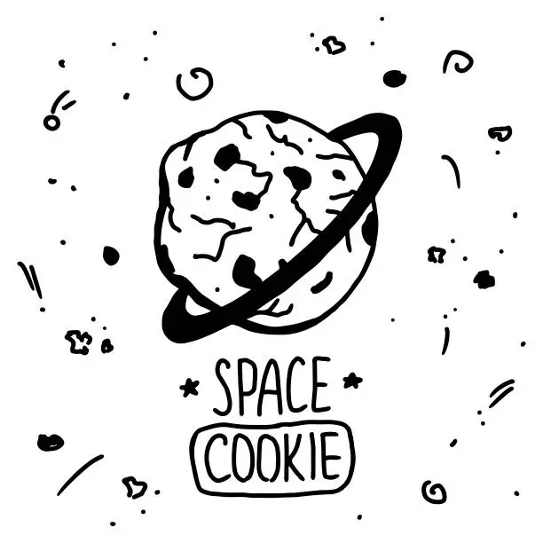 Vector illustration of Realistic chocolate space cookie with cartoon doodles.