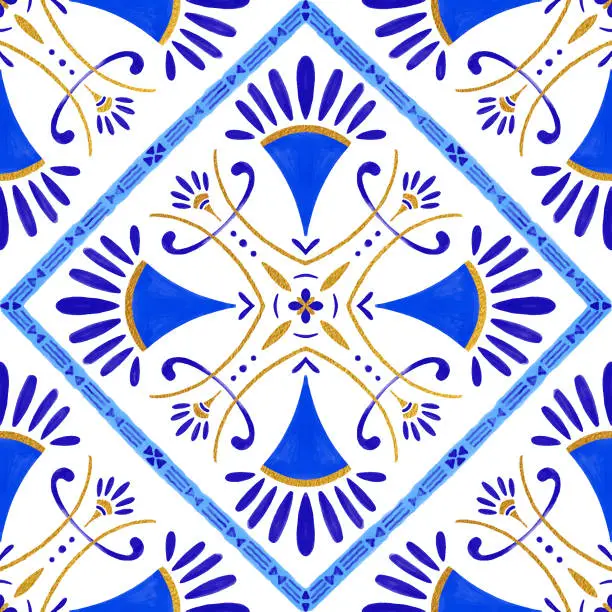 Vector illustration of Blue and Gold Portuguese Azulejo Seamless Pattern. Moroccan Ceramic Tile. Vector Lisbon Arabic Floral Mosaic, Mediterranean Ornament.