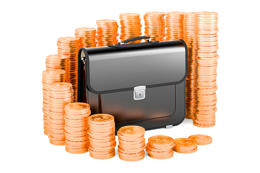 Briefcase with growing chart from gold coins around, 3D rendering isolated on white background