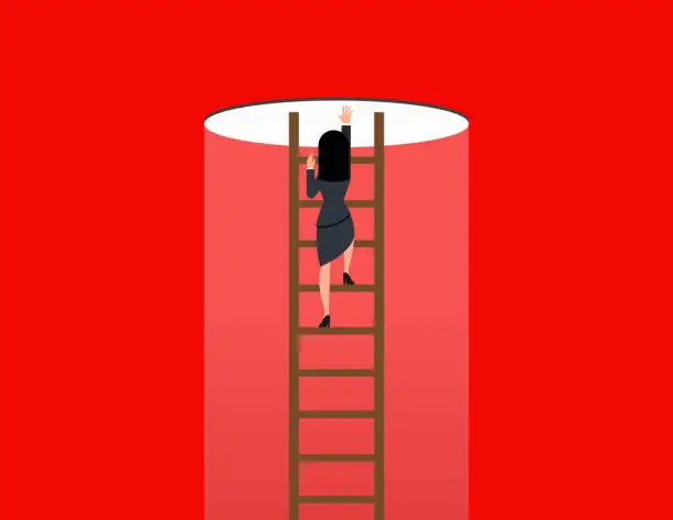 Vector illustration of Hopefulness motivation to solve problem, courage to escape for freedom. Businesswoman climb up ladder to light shining way out.