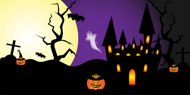 ilustraciones, imágenes clip art, dibujos animados e iconos de stock de imagen vectorial de la escena de la noche espeluznante de halloween - city night spooky skyline