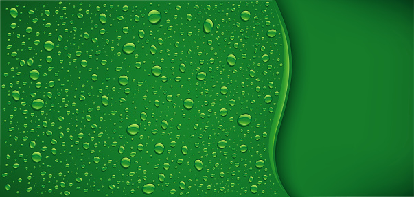 green background with wave, many water drops and place for text