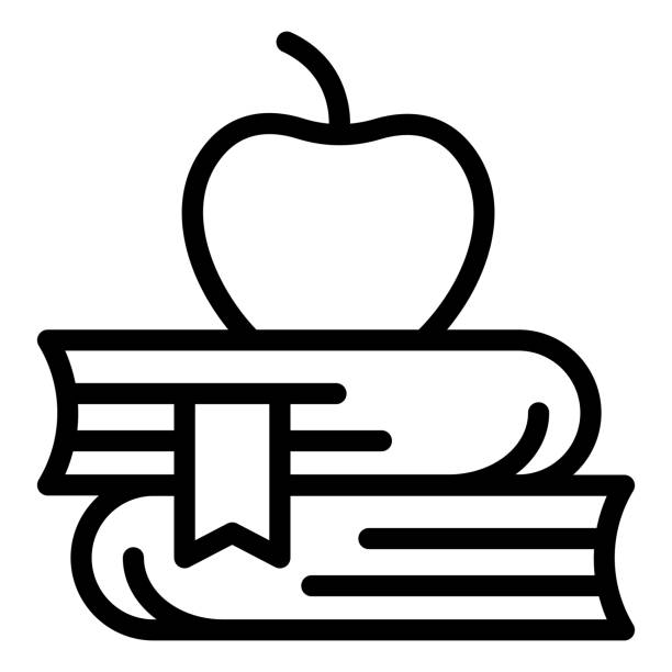 illustrazioni stock, clip art, cartoni animati e icone di tendenza di icona della linea apple sui libri, concetto di scuola, pila di libri e segno di mela su sfondo bianco, icona del simbolo dell'istruzione in stile contorno web design del concetto mobile. grafica vettoriale. - apple stack white backgrounds