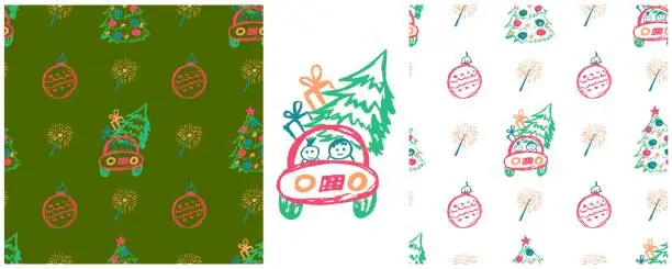 Vector illustration of Set drawings with wax crayons. Print for cloth design, textile, fabric, wallpaper, wrapping paper