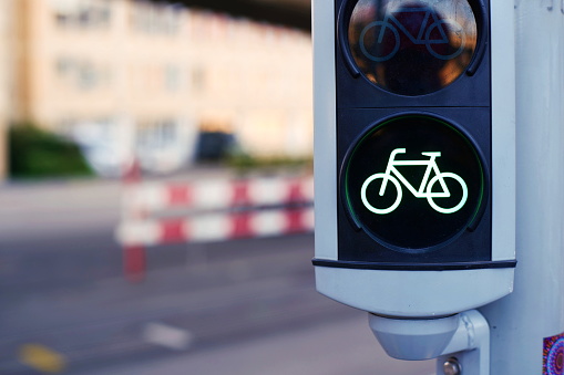 Bicycle stop sign or semaphore in a city in Europe. Close up shot, shallow depth of field, no people.