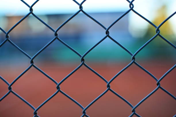 istock Wire fence mesh pattern. Close up shot, shallow depth of field, dim evening sunset light, no people 1614157120