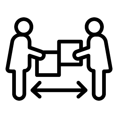 Two people with boxes and distance arrow line icon, Corona downturn concept, contactless delivery sign on white background, Courier with box distance from icon in outline style