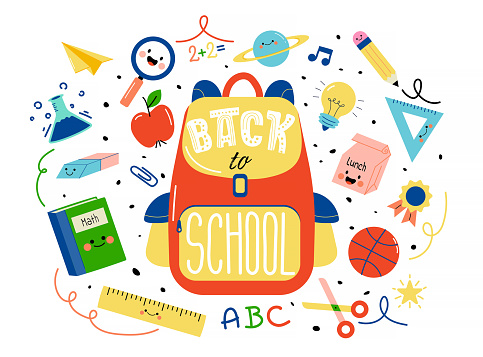 Back to school in circle composition with hand lettering. Student backpack with hand written phrase and doodle school supplies: book, pencil, pen, ruler, eraser, scissors, markers. Vector illustration