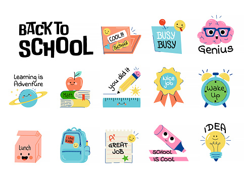 Collection of School stickers or badges with happy faces, school supplies and different decoration elements. Vector set