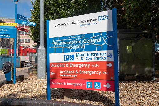 Southampton, United Kingdom - August 6th, 2023:- Sign outside of Southampton General Hospital, reading Accident & Emergency