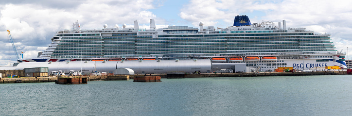 Southampton, United Kingdom - August 6th, 2023:- A cruise Liner docked in the Port of Southampton