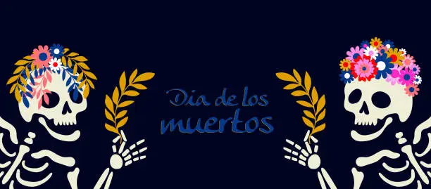 Vector illustration of Skeletons with floral wreaths and text Dia de los muertos. Vector illustration holiday banner with copy space.