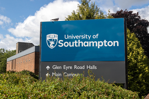 Southampton, United Kingdom - August 6th, 2023:- A sign at the edge of the main campus of The University of Southampton