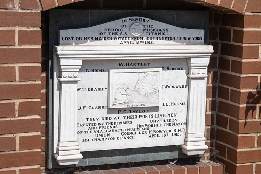 Southampton, United Kingdom - August 6th, 2023:- The Memorial to the Musicians of the RMS Titanic, located in Cumberland Place