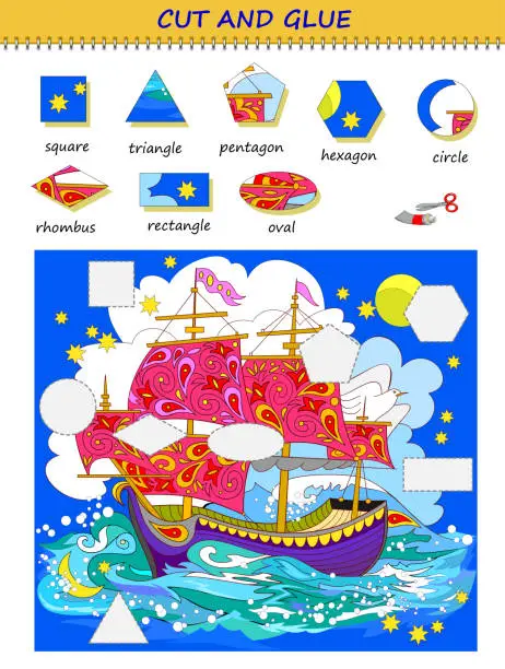 Vector illustration of Educational page for children. Use a scissors to cut and glue the Celtic sailboat. Learn geometric figures. Printable page with math exercise for kids. Logic puzzle game. Cutting and handwork skills.