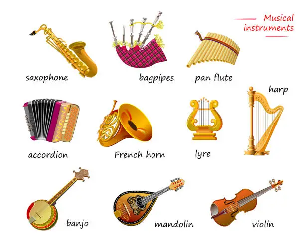 Vector illustration of Names of Musical instruments in English. Set of illustrations for encyclopedia or for kids school textbook. Educational page for children to study English language and words. Online education.