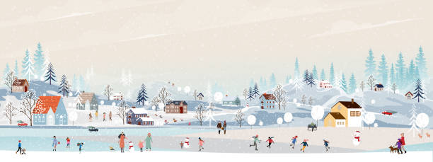 illustrations, cliparts, dessins animés et icônes de arrière-plan de noël,paysage d’hiver dans la veille de noël la nuit dans la ville,vector dessin animé mignon winter wonderland dans la ville,célébration des gens dans le parc le nouvel an,conception de bannière pour la saison des vacances - christmas christmas card greeting card greeting