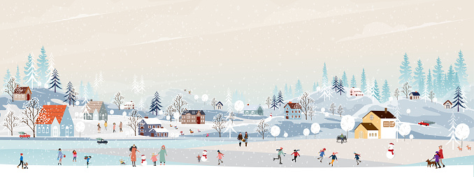 Christmas background,Winter Landscape in Christmas eve at night in City,Vector cute cartoon Winter Wonderland in the town,People celebration in the park on New Year,Banner Design for Holiday season