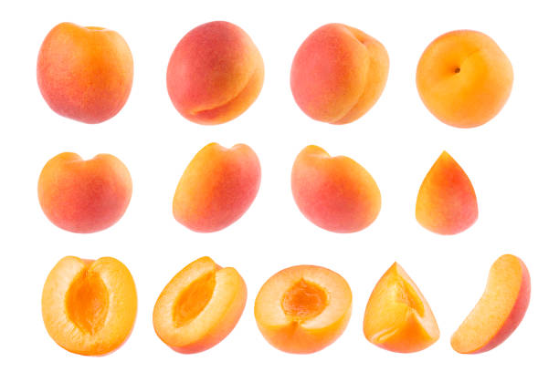 istock Bright orange apricots with pink side - rich set isolated on white background, whole and cut on half, slices, different sides, closeup, details. Summer fresh natural fruits as many design elements. 1614187159