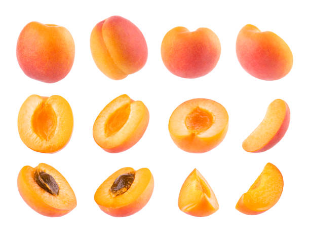 istock Bright orange apricots with pink - rich collection isolated on white background, whole, cut on half, pieces, brown pit, different sides, closeup. Summer fresh natural fruits - many design elements. 1614187162