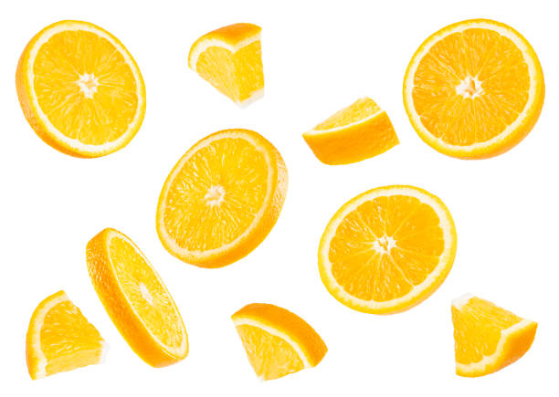 istock Fresh oranges pattern. Round slices and pieces fruits fly and levitation on white background, closeup, isolated. Summer fresh citrus fruits as design element for advertising, card, poster. 1614188775