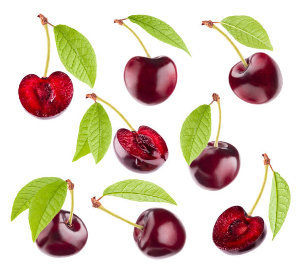 istock Fresh red cherry with green leaves, pattern, set, isolated. Whole, halves fruits closeup, different sides fly on white background. Summer fresh fruits as design element for advertising, card, poster. 1614189844