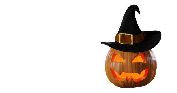 Pumpkin jack-o-lantern halloween in a witch hat on a white background. 3d rendering