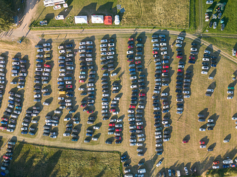 Field parking for cars during the festival of the Great Indulgence of the Assumption of the Blessed Virgin Mary,Kalwaria Paclawska, Subcarpathian, Poland